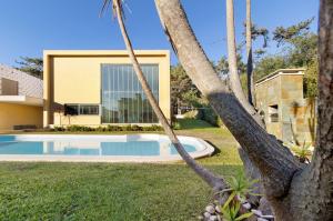 a house with a swimming pool and palm trees at Casa dos Pinheiros in Apúlia