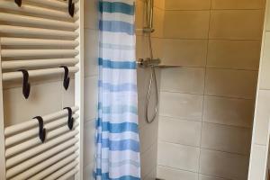 a shower with a blue and white shower curtain at Ferienhaus Vossberg in Grabow +22 photos