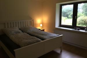 a bed in a bedroom with a window at Ferienhaus Vossberg in Grabow