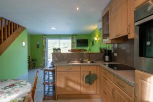 a kitchen with green walls and wooden cabinets at Appartement N°2 - Piscine Partagée in Lagorce
