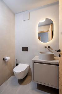 a bathroom with a toilet and a sink and a mirror at Vronis Lodge in Hart im Zillertal +5 photos