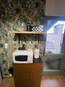 a microwave sitting on top of a counter in a kitchen at Maison Donasete voyageurs in Vieille-Brioude
