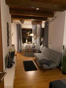 a living room with a couch and a table at Ulmer Spatzennest in Ulm