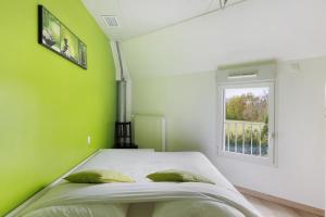 a bedroom with green walls and a bed with a window at L'aérostier Gîte - 5 Pers in Saint-Georges-sur-Cher +20 photos