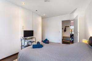 a bedroom with a large bed and a television at Exklusives Loft mit Kamin in Bad Salzuflen