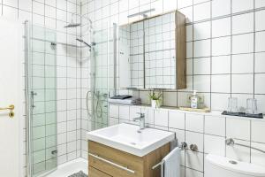 a bathroom with a sink and a shower with a mirror at Angie's Ferienapartment Thermalbad in Bad Staffelstein +18 photos