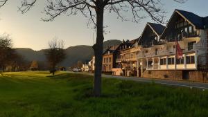 a row of houses on a green field next to a street at Haus Moselliebe Komfortzimmer in Ediger-Eller