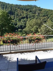 a balcony with flowers on a fence and a lake at Haus Moselliebe Komfortzimmer in Ediger-Eller