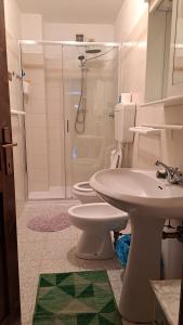 a bathroom with a toilet and a sink and a shower at Appartamento Al Sasso Rosso Dimaro in Dimaro +14 photos