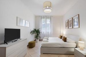 a white bedroom with a bed and a flat screen tv at Dream Room Apartment in Illasi