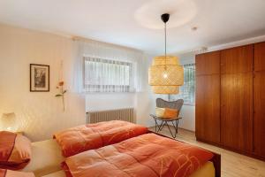 a bedroom with two beds and a chandelier at Haus Schindler in Ottenhöfen