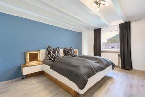 a bedroom with a bed with a blue wall and a window at Grünes Tal - Seenah in Stockach