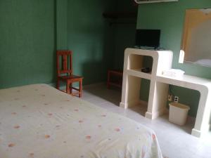 a bedroom with a bed and a desk and a mirror at Hotel Mecalco in Huazuntlán