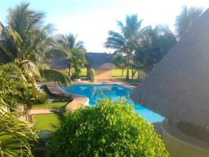 a swimming pool with palm trees in a resort at Hotel Mecalco in Huazuntlán