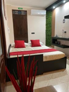 a bedroom with a bed with red pillows at Due Passi dal Gate in Salerno Airport - Aeroporto di Salerno