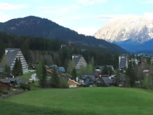 a small town with a mountain in the background at Sonnenalm - Ferienwohnung in Reith