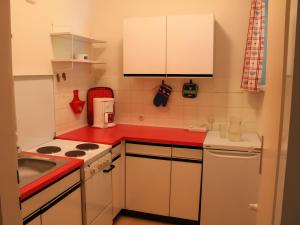 a small kitchen with a red counter top at Sonnenalm - Ferienwohnung in Reith