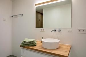 a bathroom with a white sink and a mirror at Ferienwohnung im Obstgarten in Ihringen +19 photos
