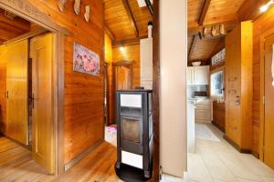 a kitchen with a stove in the middle of a room at Orserose Chalet 6 I Scarpet in Forno di Zoldo