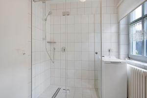 a white bathroom with a shower and a sink at Haus Schilfblick in Wieck +22 photos