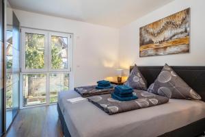 a bedroom with a bed with blue pillows on it at Haus Agatha in Wasserburg