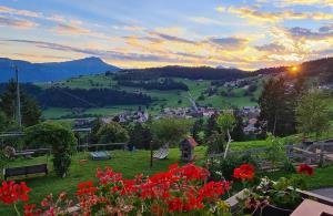 a view of a town in a valley with flowers at Gmosnhof Mölten in Meltina