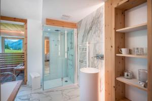 a bathroom with a shower and a glass shower stall at Apart Wellness Alpino con minispa in Soraga