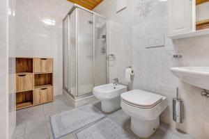 a bathroom with a toilet and a shower and a sink at Apartment Sonnenschein in Mühlbach