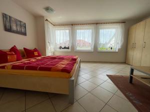 a bedroom with a large bed and two windows at Ferienwohnung Nell in Daisendorf
