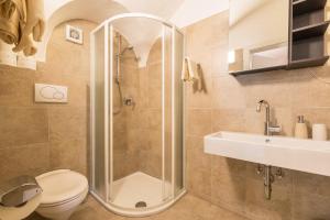 a bathroom with a shower and a toilet and a sink at Moserhof Ferienwohnung Sunnseit in Sarntal +24 photos