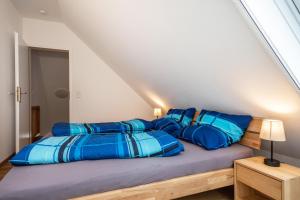 a bedroom with a bed with blue pillows at Obsthof Mainberger in Kressbronn am Bodensee