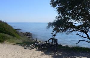 a bike parked on the beach next to the water at L'avocette in Sarzeau