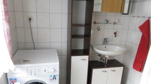 a small bathroom with a washing machine and a sink at Hof Gerbert in Halenbeck +10 photos