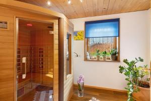 a bathroom with a shower and a window with potted plants at Haus Vögel in Sibratsgfäll +63 photos