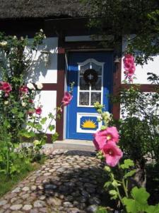 a blue door with flowers in front of a house at Charlottes Landlust in Ribnitz-Damgarten +5 photos