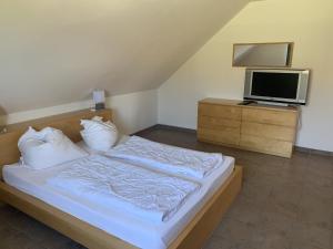 a bedroom with a bed and a tv on a dresser at Sabines Badehaus mit Innenpool in Steinkoppel