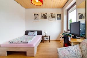 a bedroom with a bed and a desk and a tv at Ferienhaus Christine Bodensee Nord in Pfullendorf