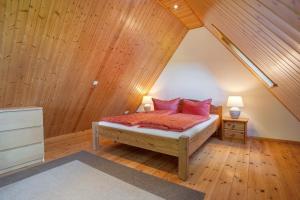 a bedroom with a bed with red pillows in a attic at Ferienhaus Kitzklause in Walkendorf