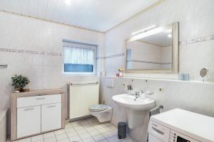 a bathroom with a sink and a toilet and a mirror at Ferienwohnung 'Kraichgau-Nest' in Reichartshausen +19 photos