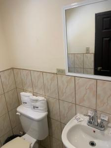a bathroom with a toilet and a sink and a mirror at Hotel Ranchito in Ensenada