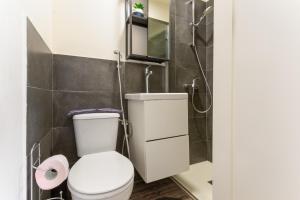 a bathroom with a toilet and a shower at Charro Room in Corralejo