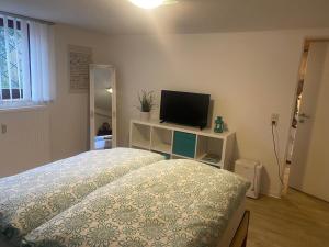 a bedroom with a bed and a flat screen tv at Fewo1 Am Edersee in Edertal