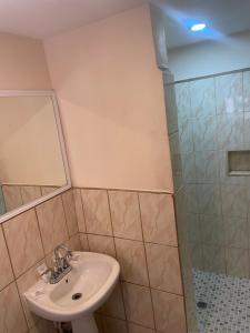a bathroom with a sink and a shower at Hotel Ranchito in Ensenada