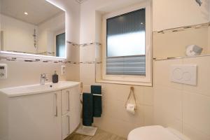 a bathroom with a sink and a toilet and a window at Ferienhaus Martje in Hennstedt +20 photos