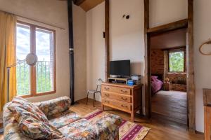 a living room with a couch and a tv at Mas Vizern avec bain nordique in Taillet