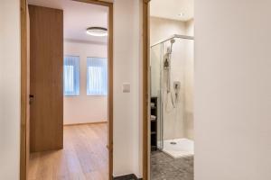 a bathroom with a shower and a glass door at Mountain Meadows Apt 4 in Valdaora