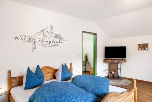 a bedroom with a bed with blue pillows and a tv at Aschaubichl - Wohnung Narzisse in Grainau