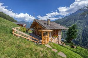 a small wooden cabin on a hill with mountains at Baita Mas Sternai Nel Parco in Bagni di Rabbi +12 photos