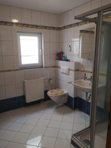 a bathroom with a toilet and a sink at Ferienwohnung Mössingen in Mössingen