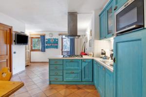 a blue kitchen with a sink and a stove at Residence Larice Bianco App n6 in Campodolcino